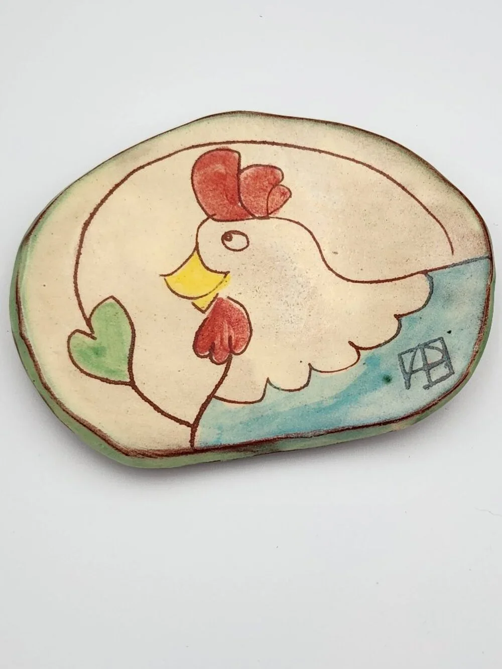 Handmade Ceramic Soap Dish/ Plate Chicken Illustration Hand Painted ~6x4.5in